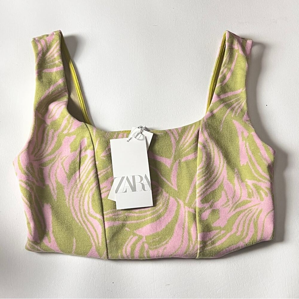 Zara Green and Pink Flower Pattern Corset V-neck Crop Top Sz L NWT
